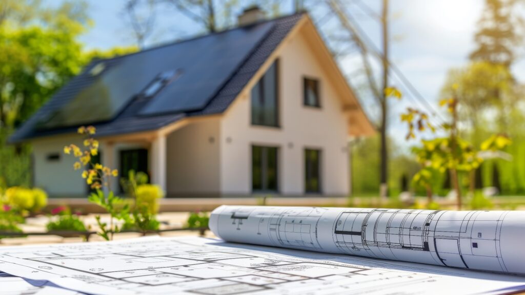 Gerollter Bauplan liegt vor einem Neubau