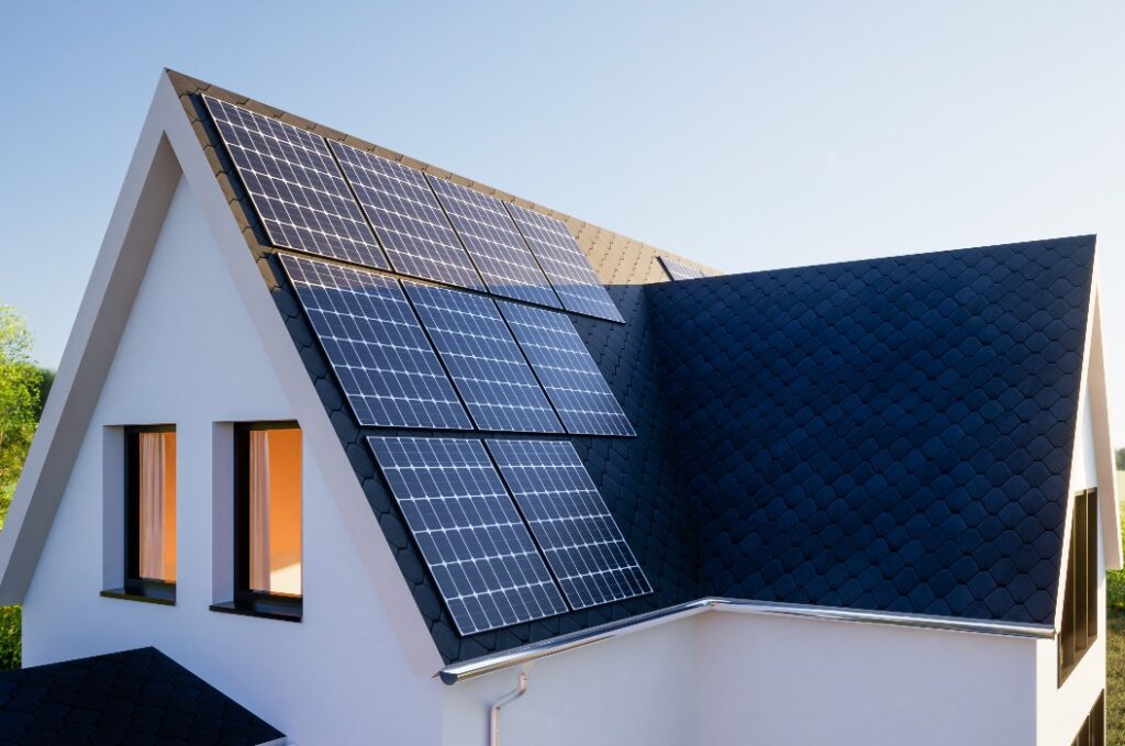 Grafik eines modernen Einfamilienhauses mit Solarpanels auf dem Dach
