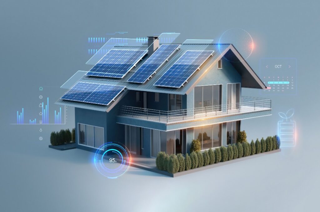 Grafik eines modernen Hauses mit Solar und Smart Home