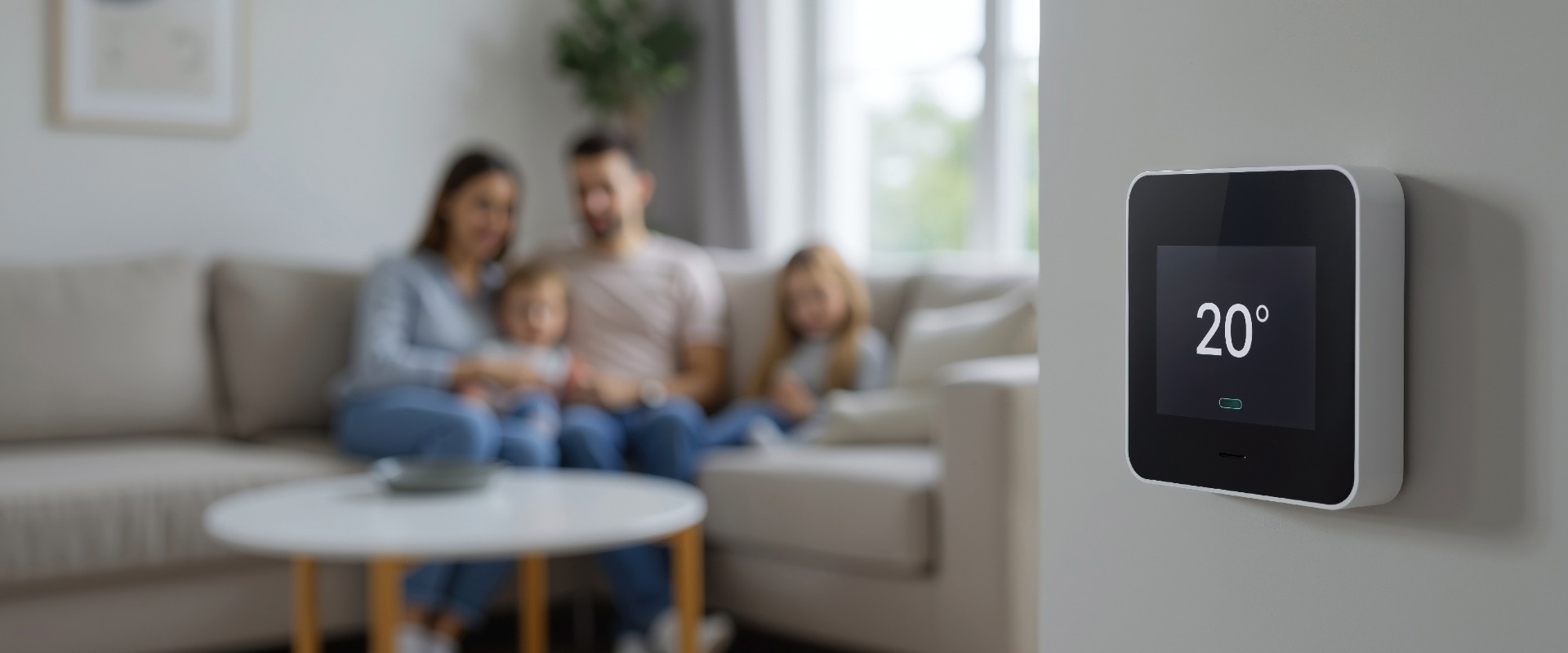 Temperaturregler in einem Haus, verpixelt im Hintergrund eine Familie
