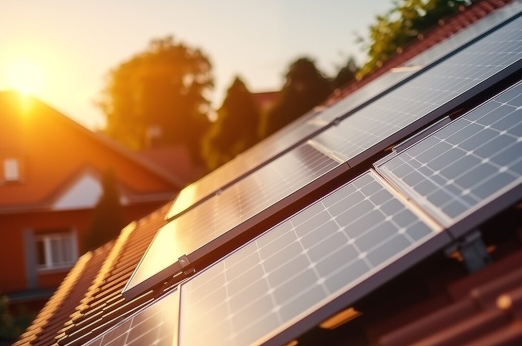 Solarmodule auf einem Dach in Osnabrück, untergehende Sonne im Hintergrund